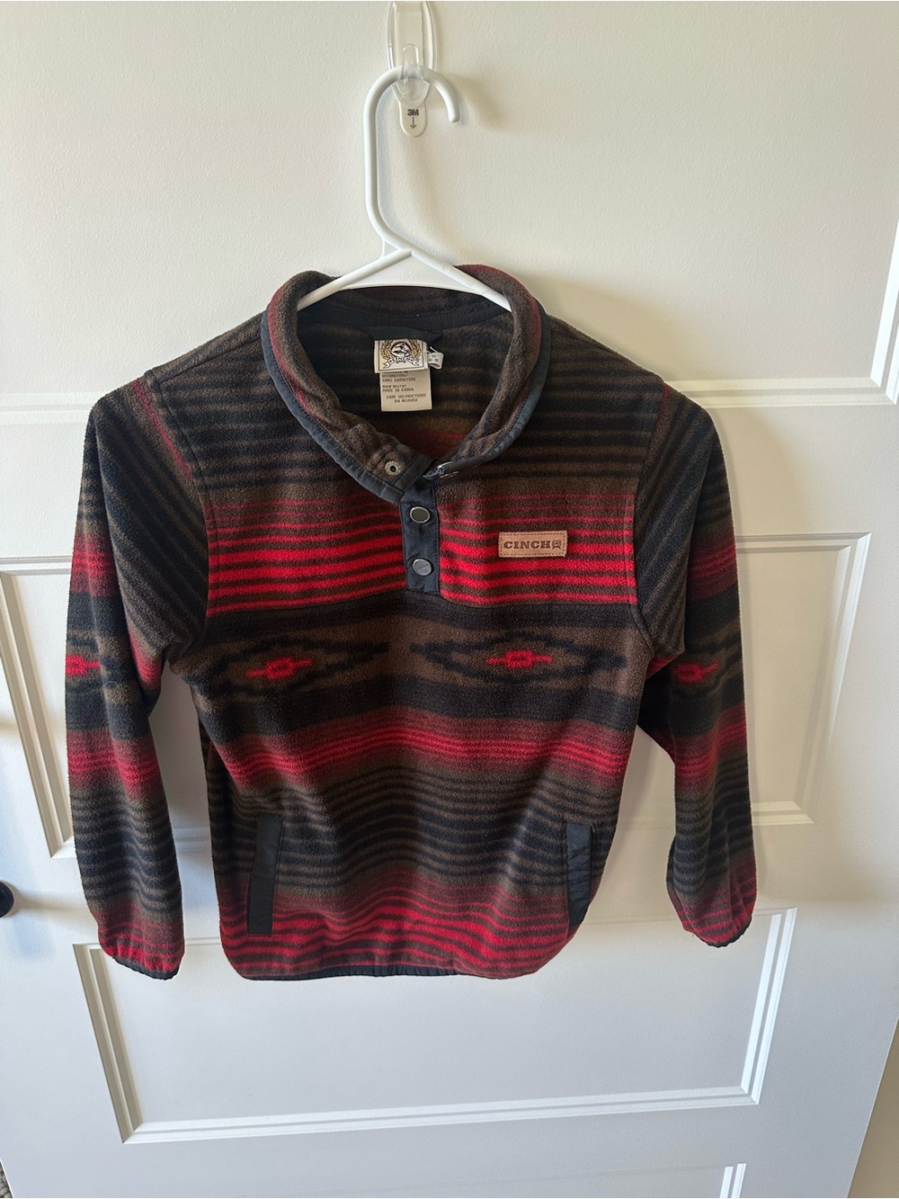 Cinch Fleece Pullover in Brown and Red Stripe